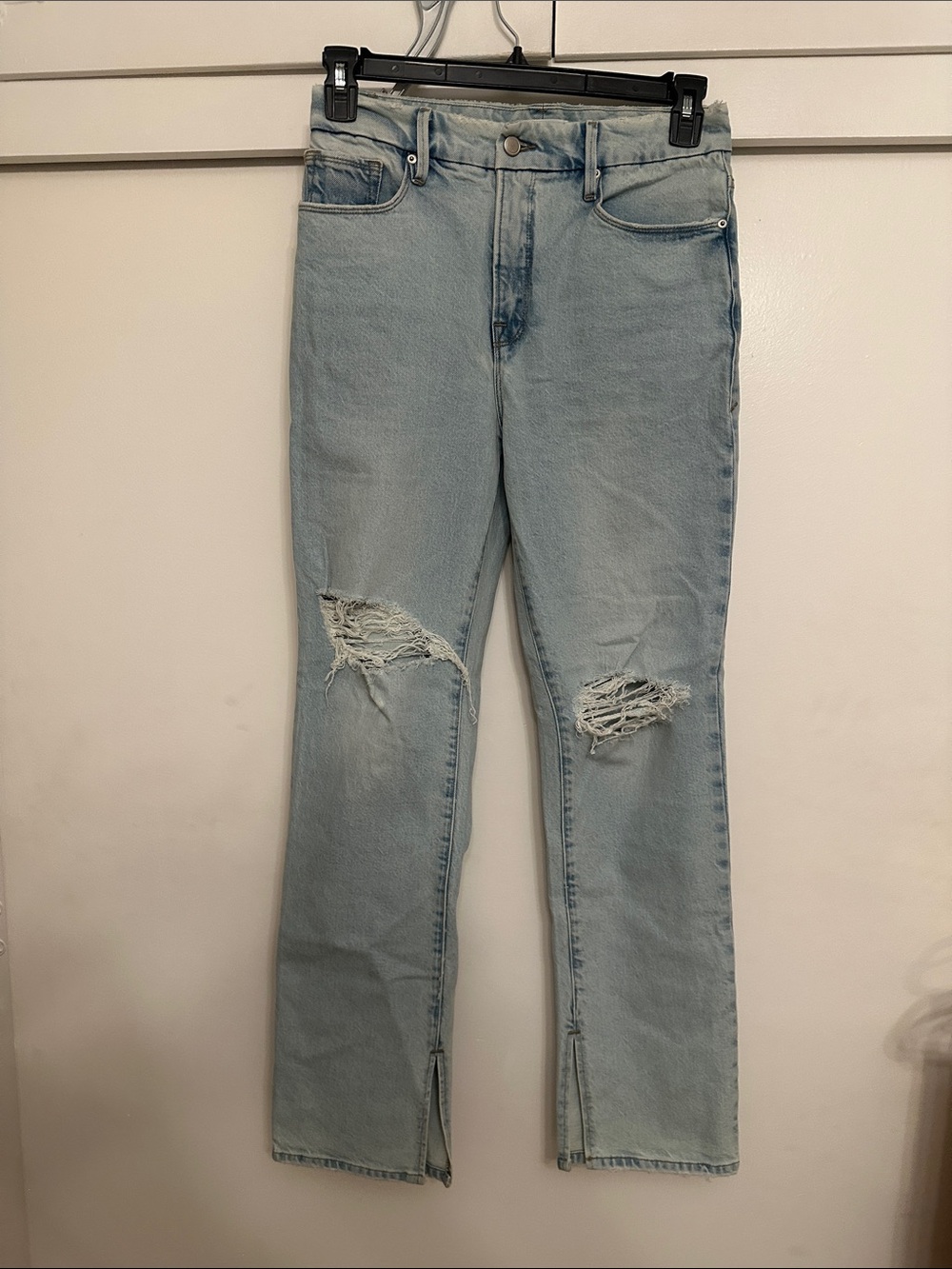 EUC Good American Good boy high rise distressed Slit bottom Jeans SZ 6 / 28